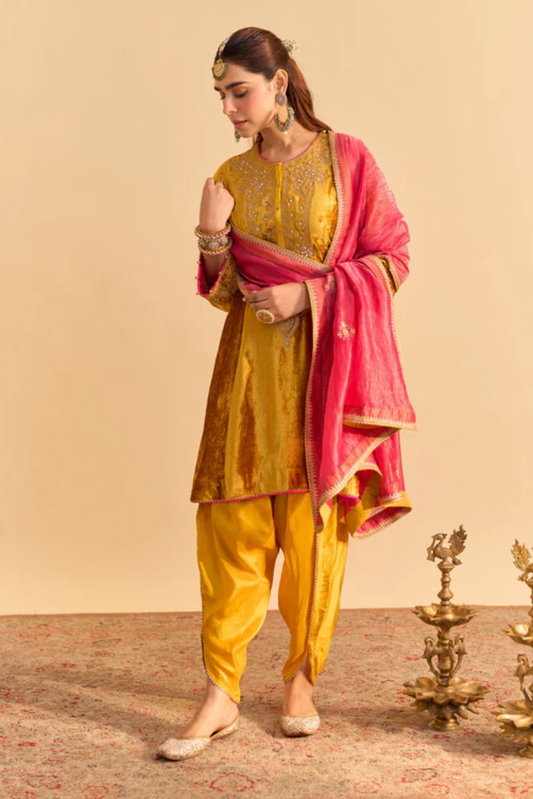 Laiba - Mustard A-line Kurta with Dhoti and Dupatta