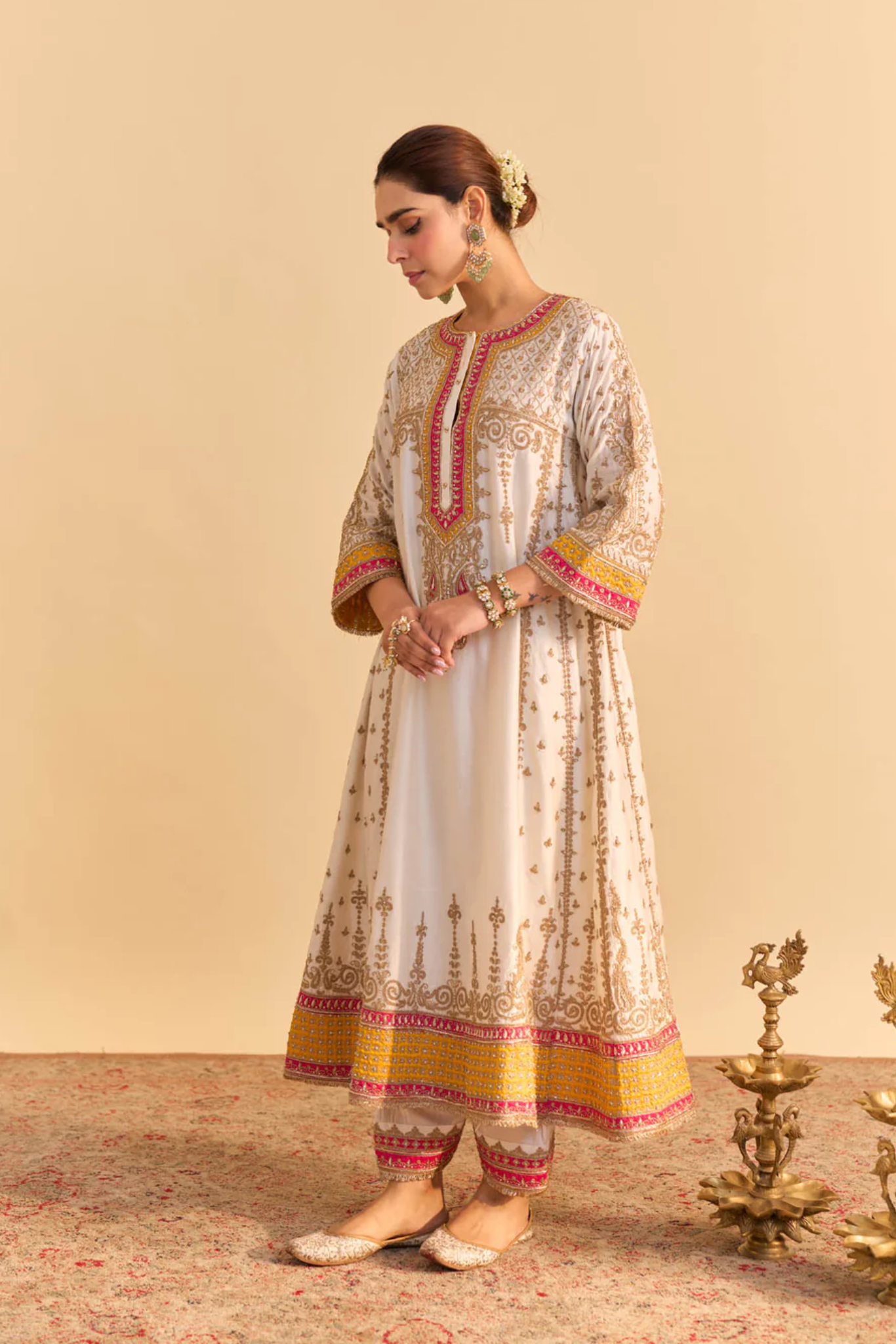 Zoya - Dabka Zardozi Embroidered Rich Banarasi Kalidaar Daisy Ivory Long Chauga Set