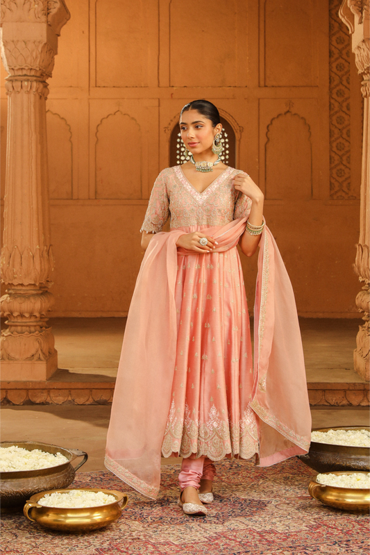 Wasifa Long Anarkali with chooridaar and dupatta - Off Rose