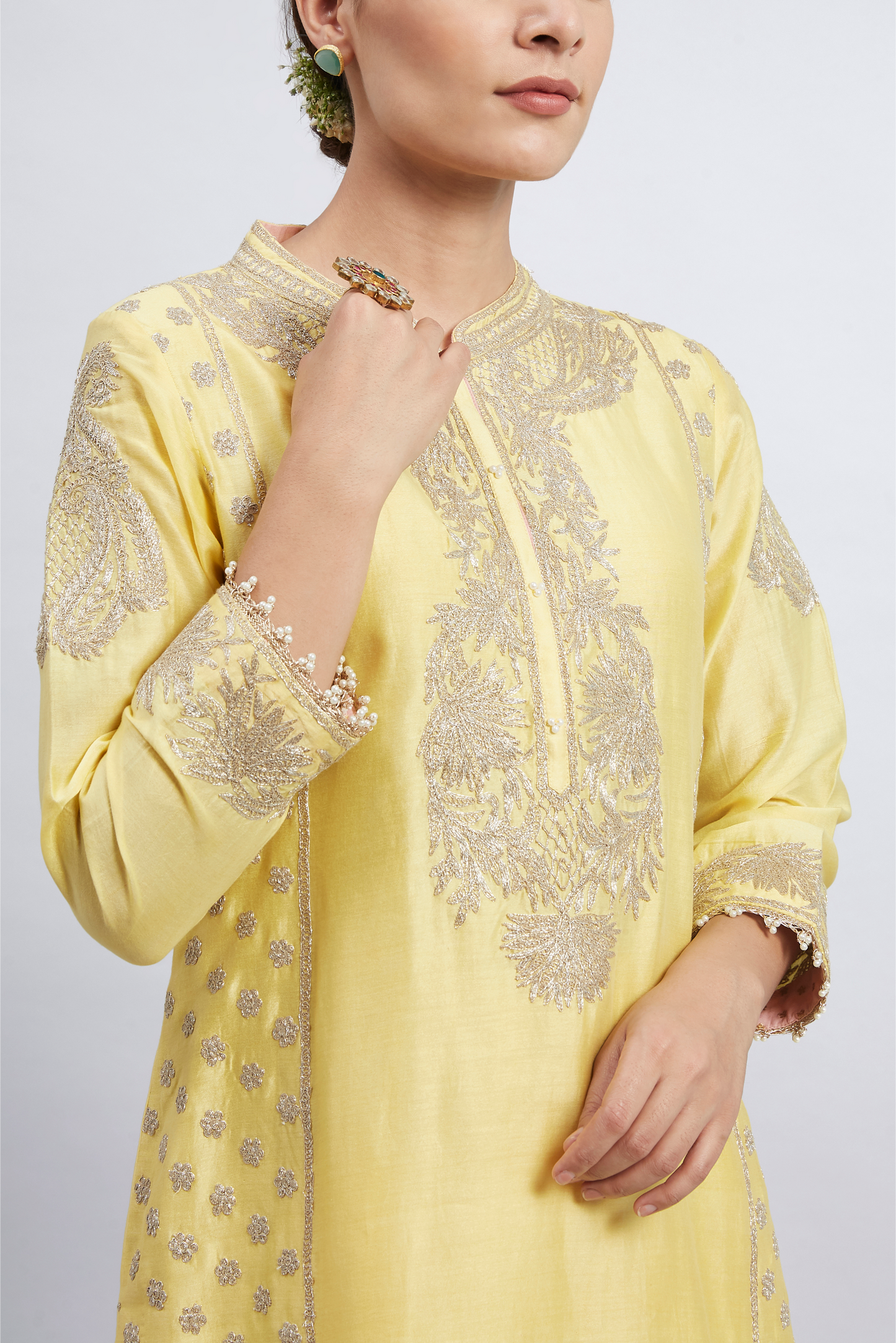 Aabish Pearl Embroidered Kurta Set - Daffodil Yellow