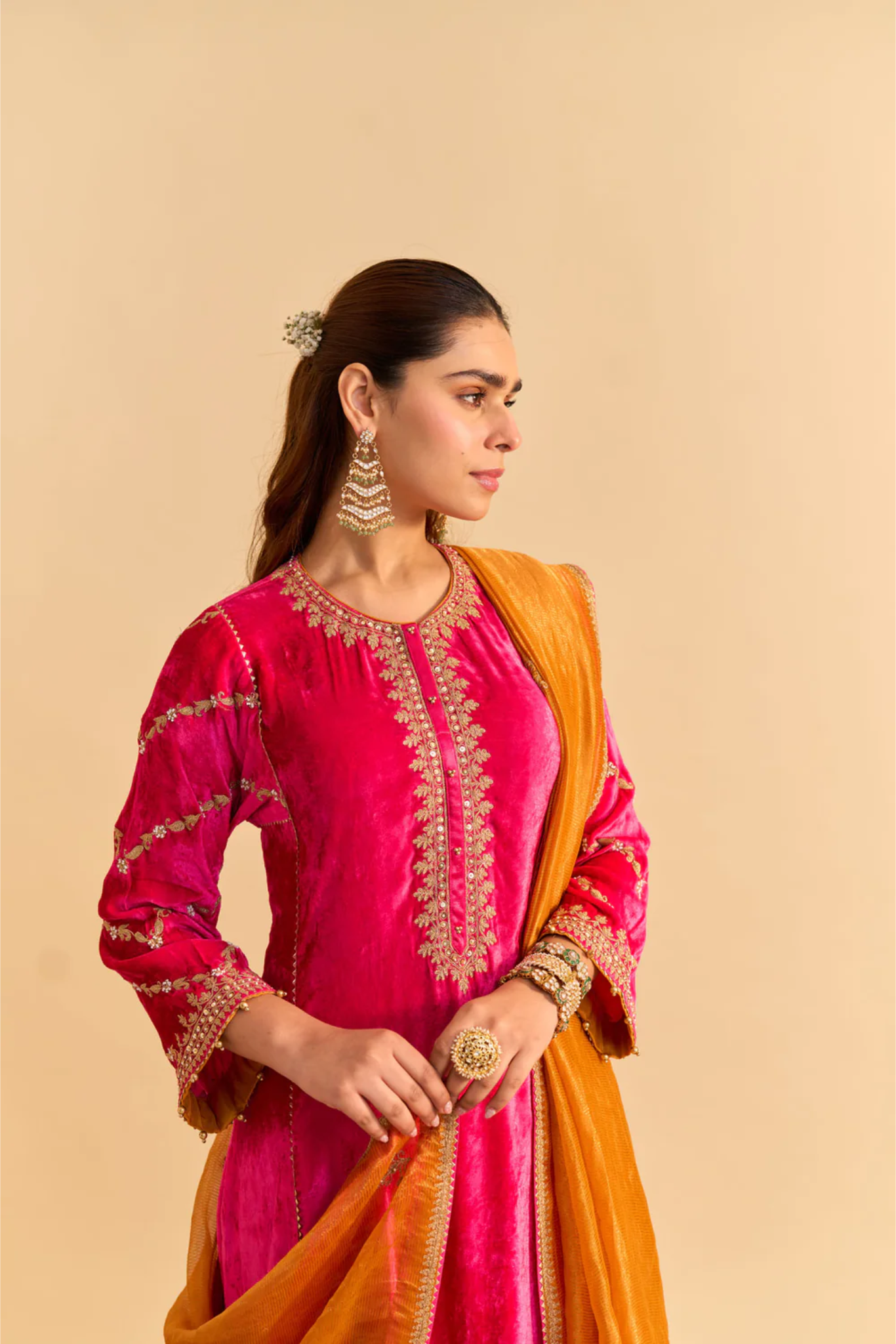 Azmiya - Silk Velvet Hotpink Chauga With Salwar