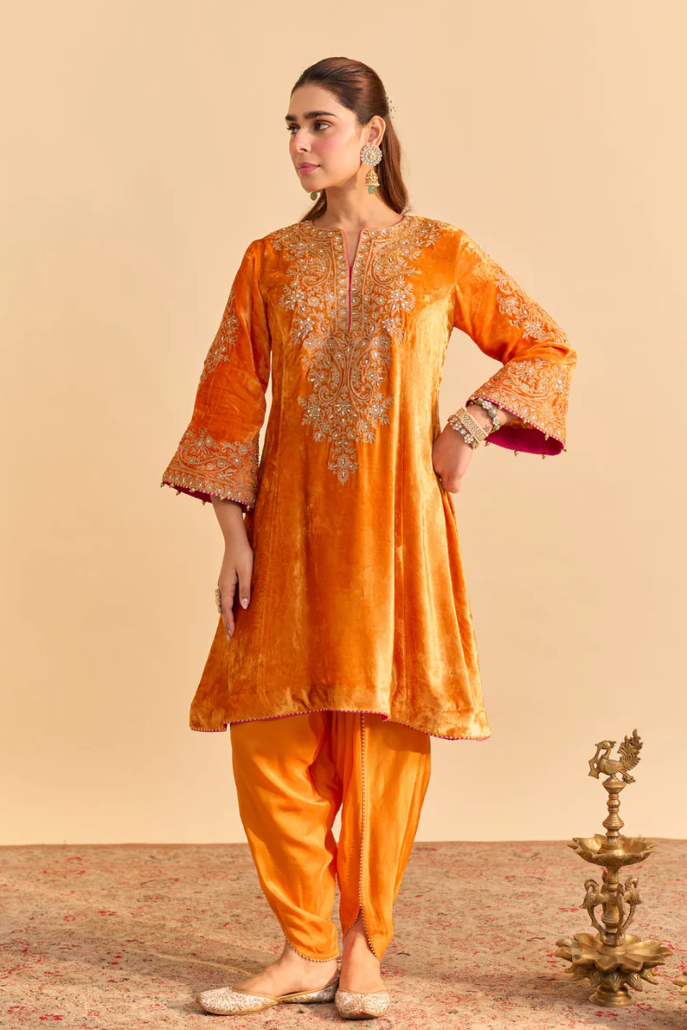 Eira - Silk Velvet Orange A-line Kurta With Dhoti