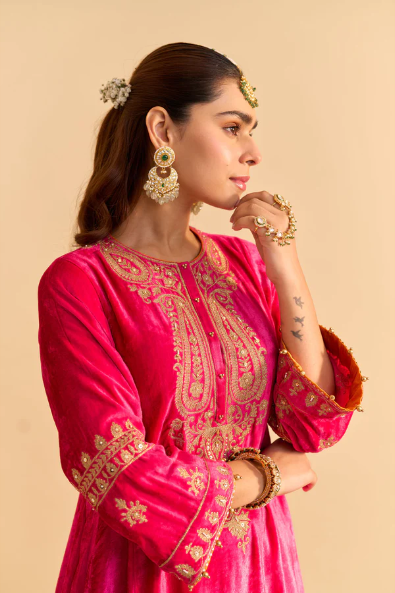 Amal - Silk Velvet Hotpink A-line Kurta with Dhoti