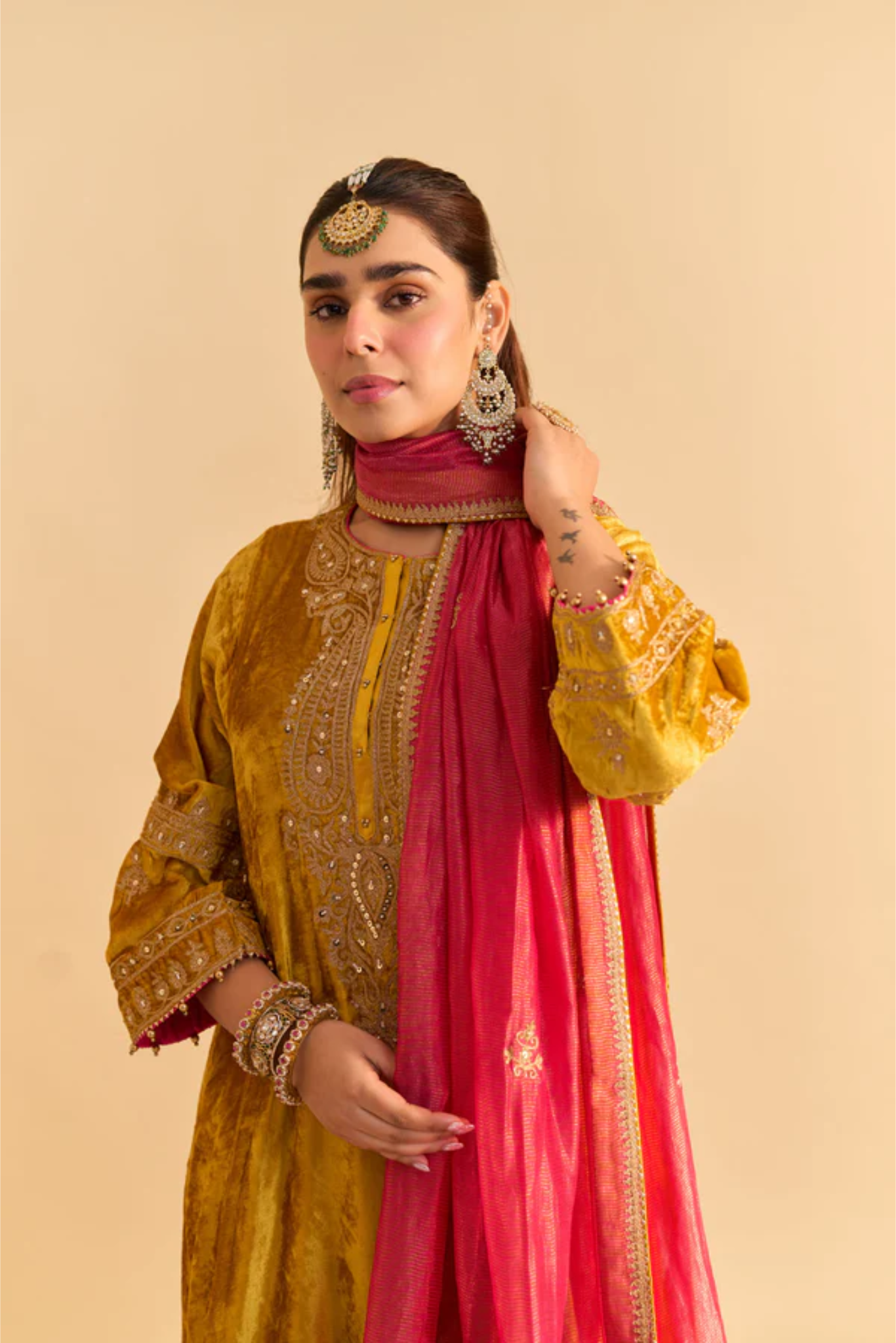 Amal - Silk Velvet Mustard A-line Kurta with Dhoti