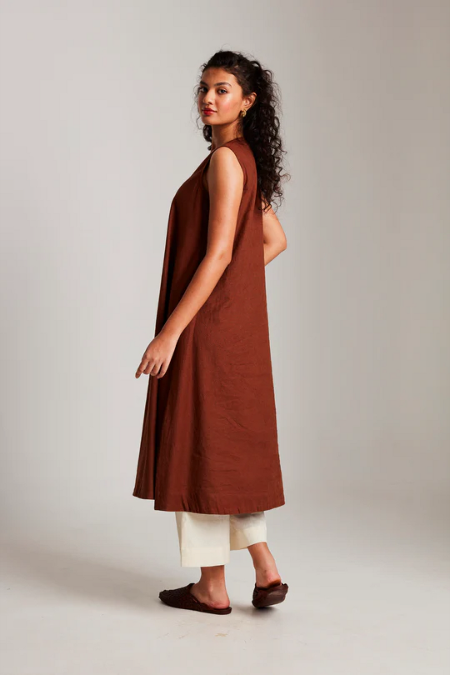 Mocha Co-Linen Sleeveless Flared Kurta Set