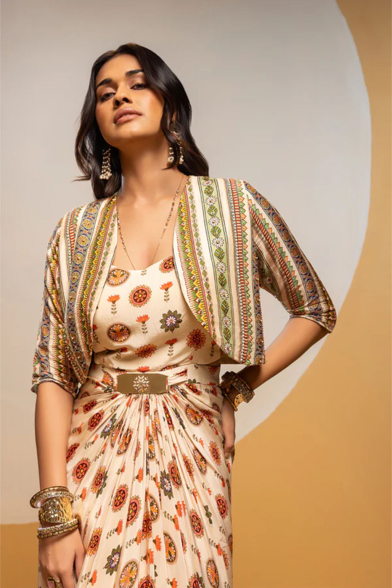 Taarani embellished long drape dress set