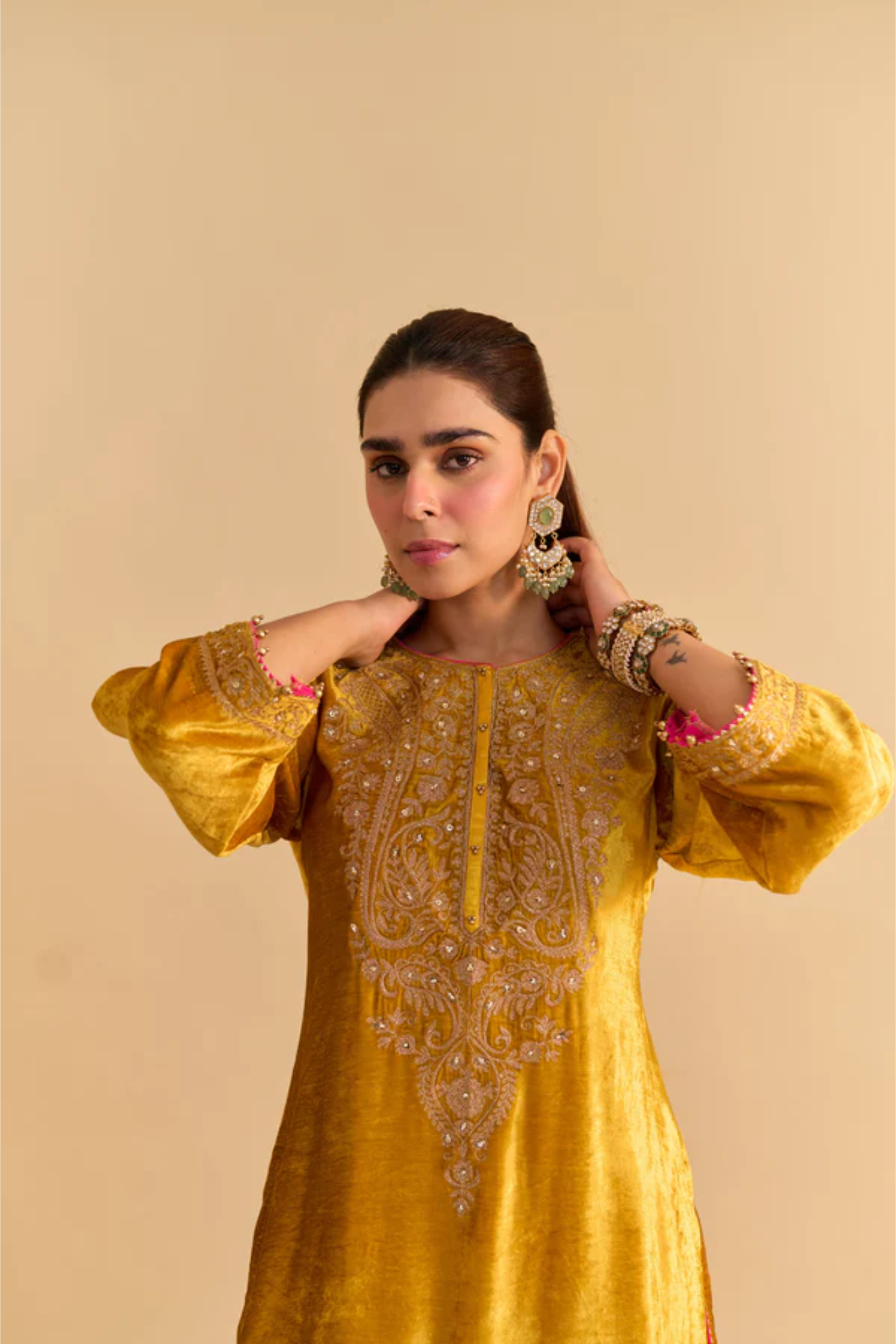 Aroob - Silk Velvet Mustard Kurta With Sharara And Dupatta