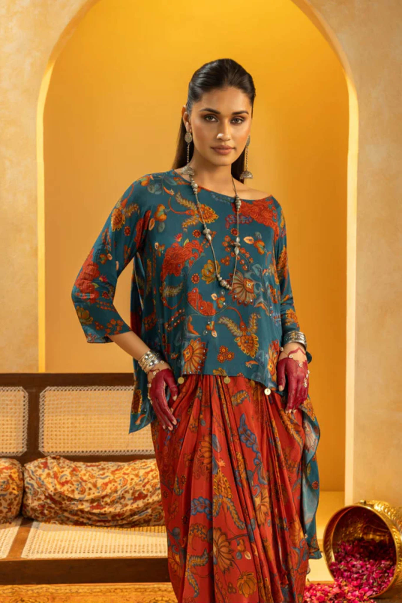 Rangtara embellished drape skirt set