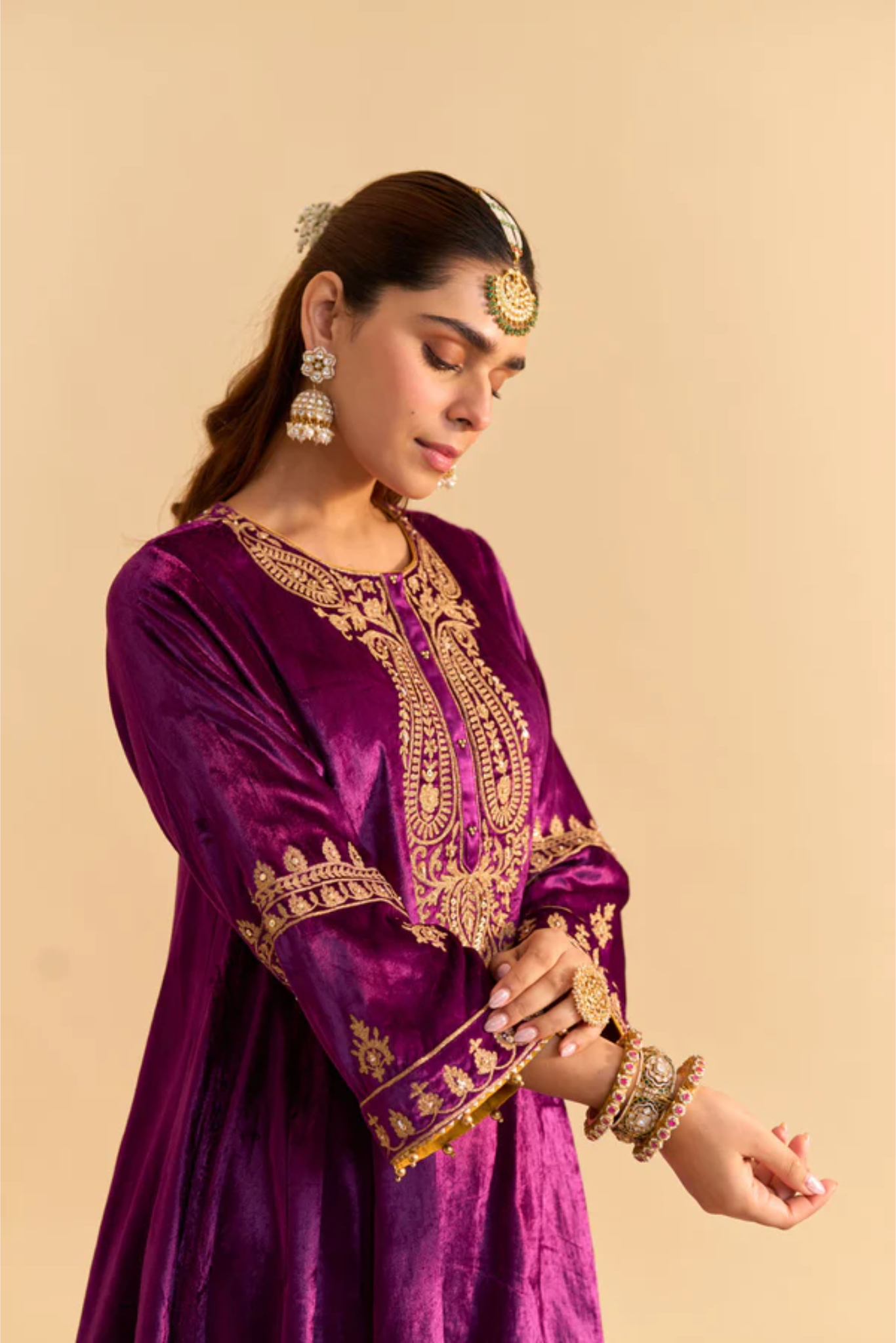 Amal - Silk Velvet Deep Purple A-line Kurta with Dhoti with Dupatta