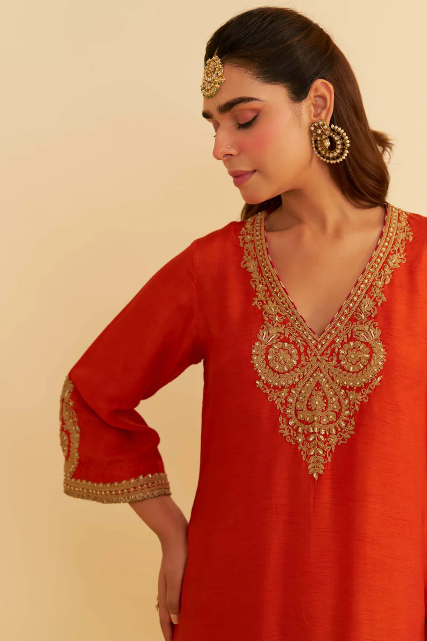 Haayat - Burnt Orange Long Kaftan With Salwar