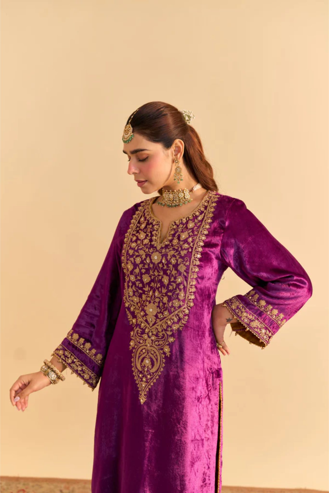 Fareeha - Silk Velvet Deep Purple Kurta With Salwar