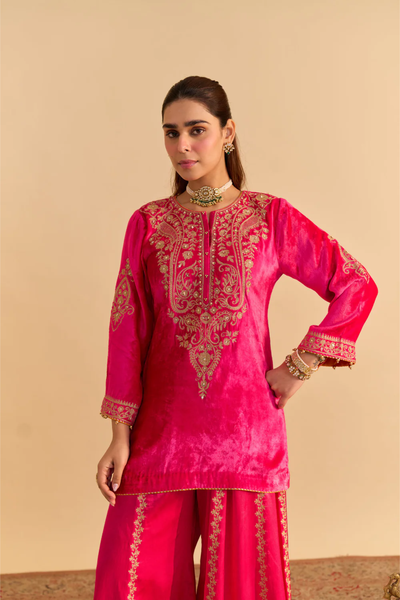 Aroob - Silk Velvet Hotpink Kurta With Sharara And Dupatta