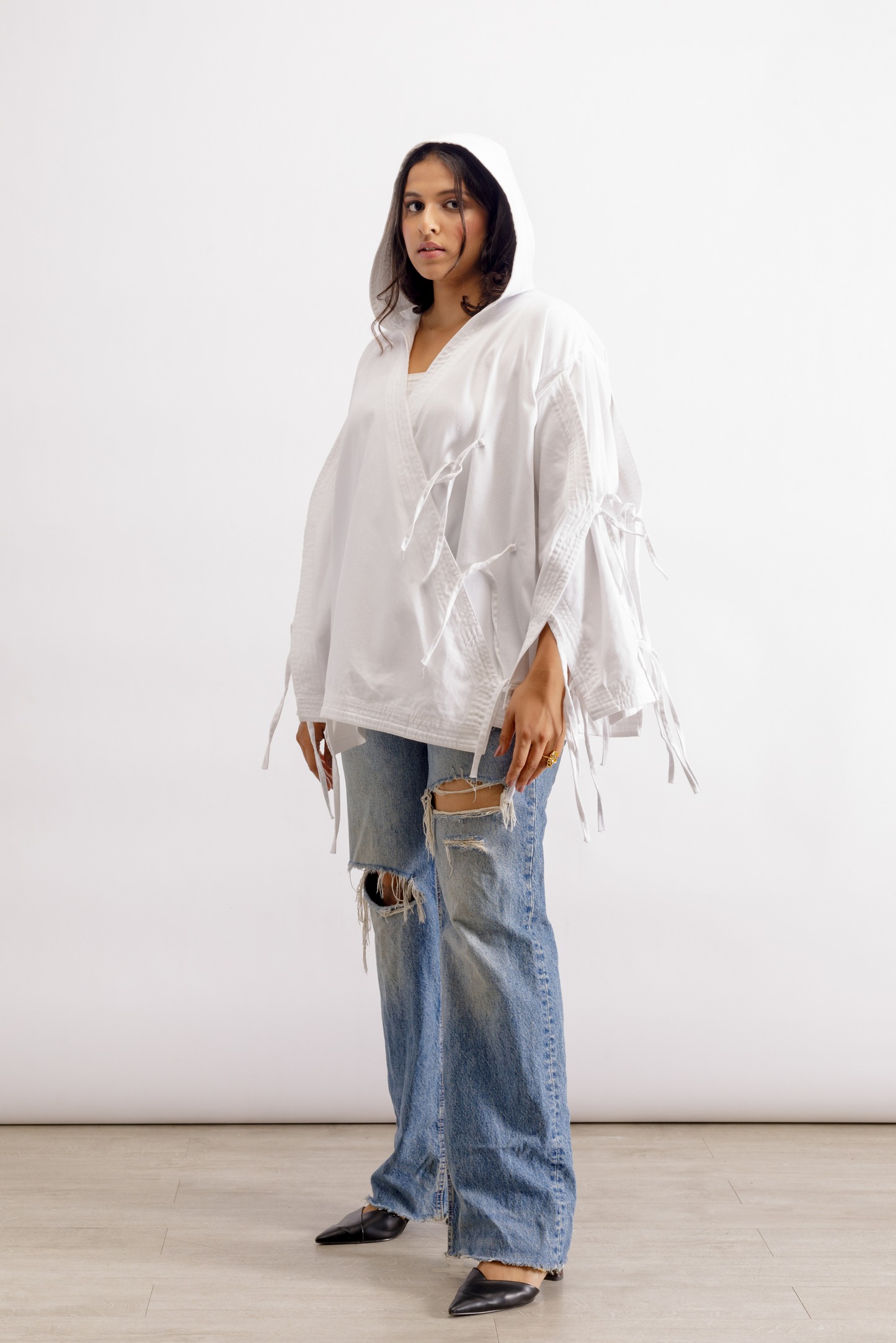 White Deconstructed Denim Cape Jacket