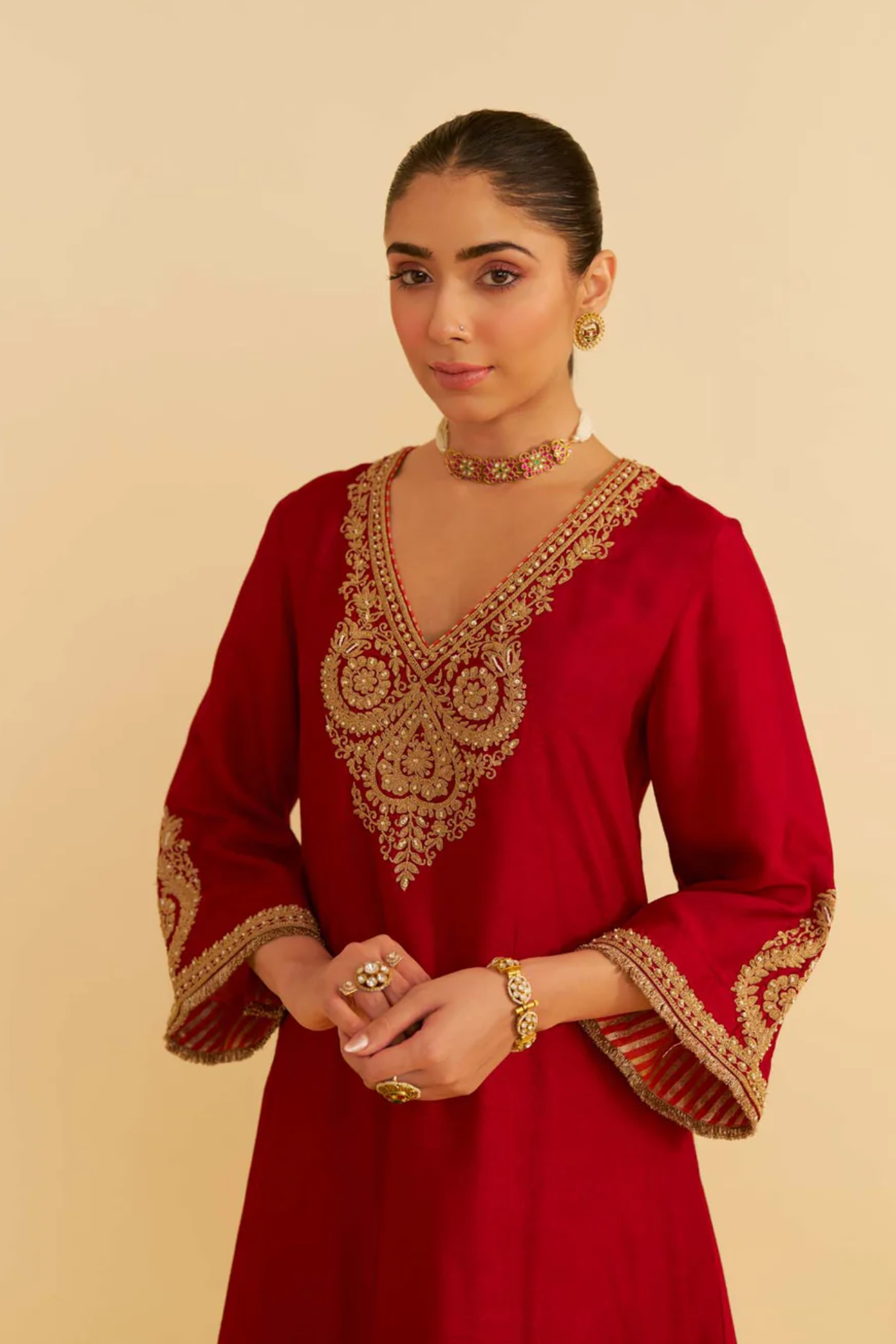 Haayat - Deep Red Long Kaftan With Salwar