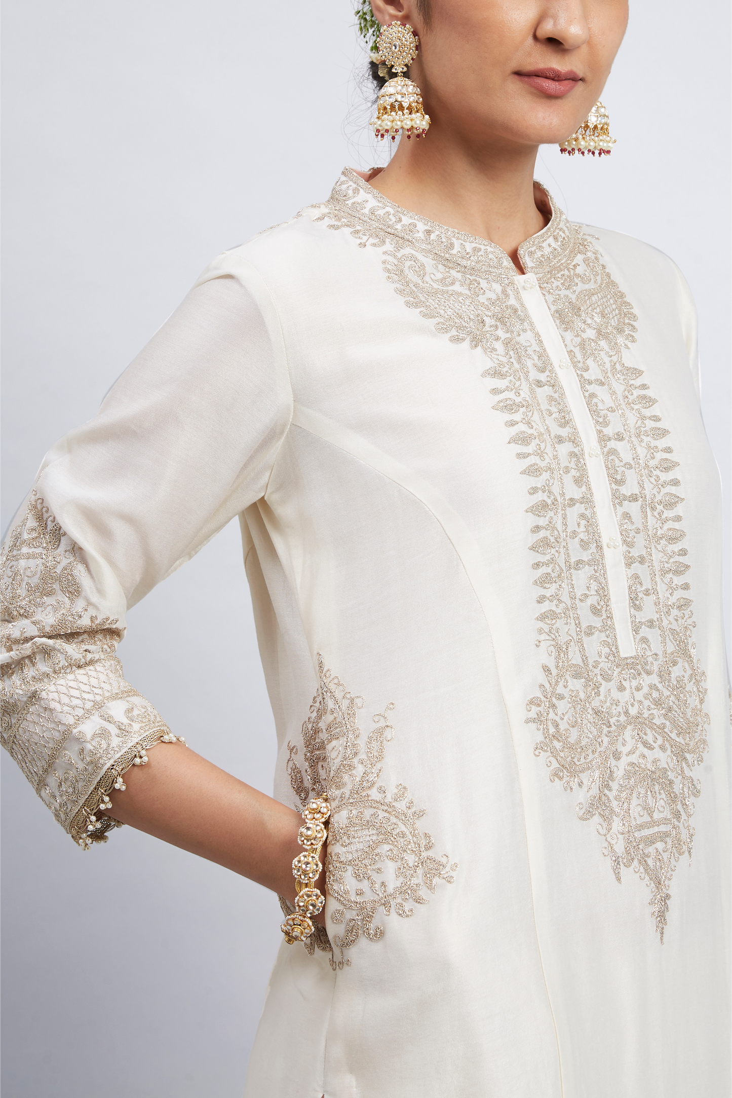 Aadah Princess Cut Long Kurta Set - Daisy Ivory