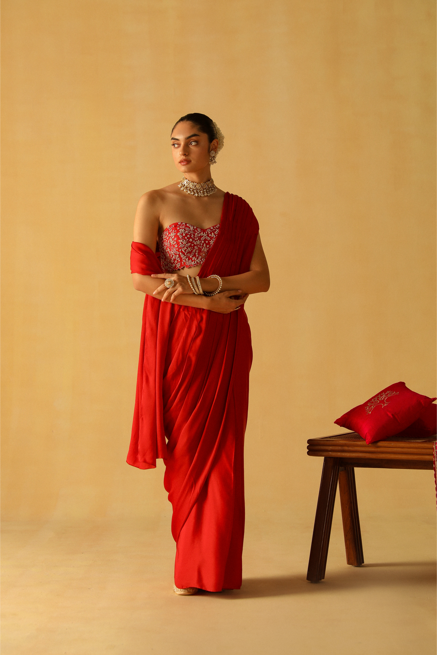 Rumaan Draped Saree - Deep Red