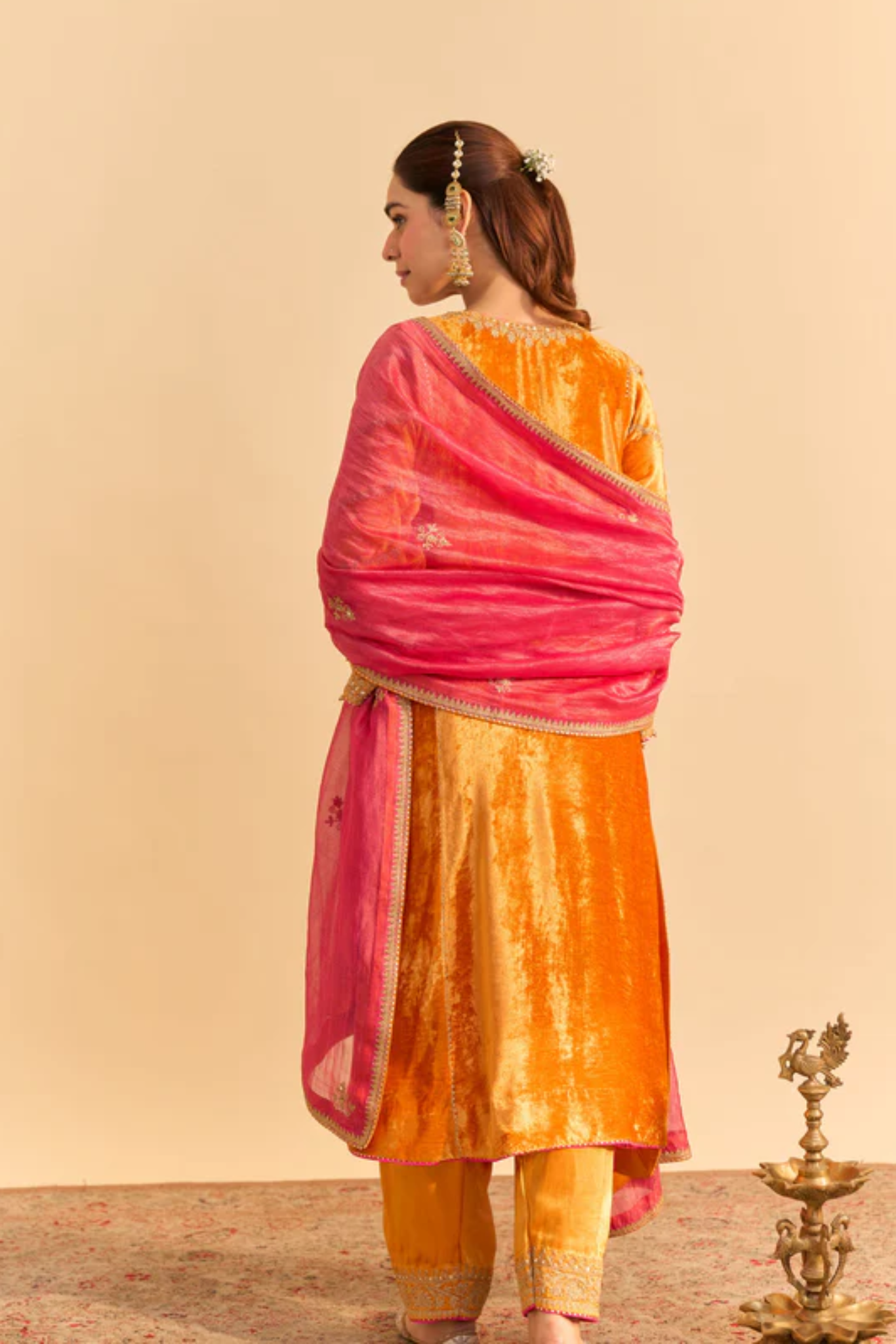 Azmiya - Silk Velvet Orange Chauga with Salwar