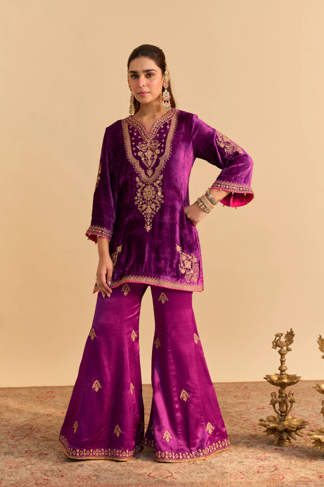 Nooren - Silk Velvet Deep Purple Kurta With Flared Palazzo And Dupatta