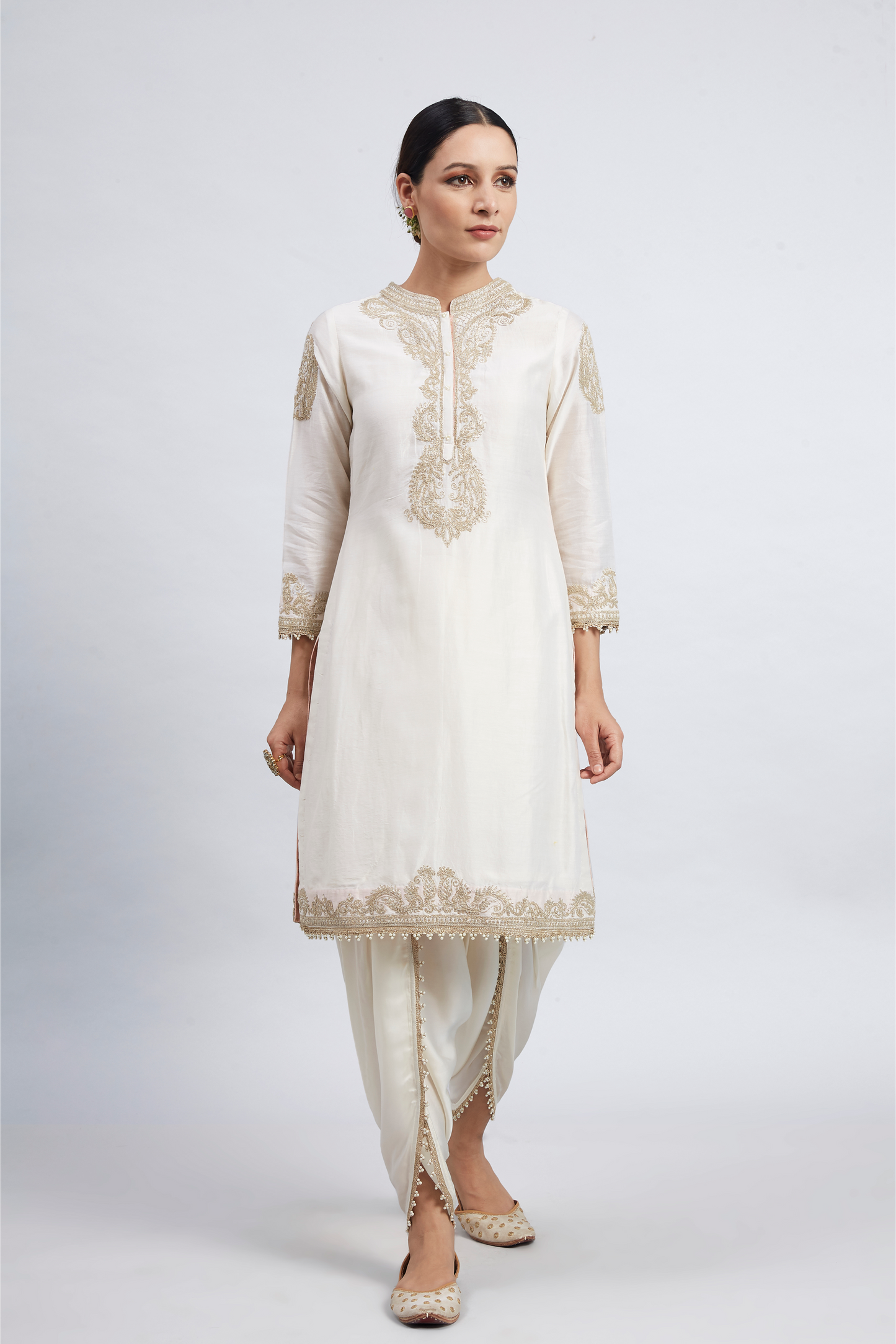 Aabisah Embroidered Kurta with Dhoti - Daisy Ivory