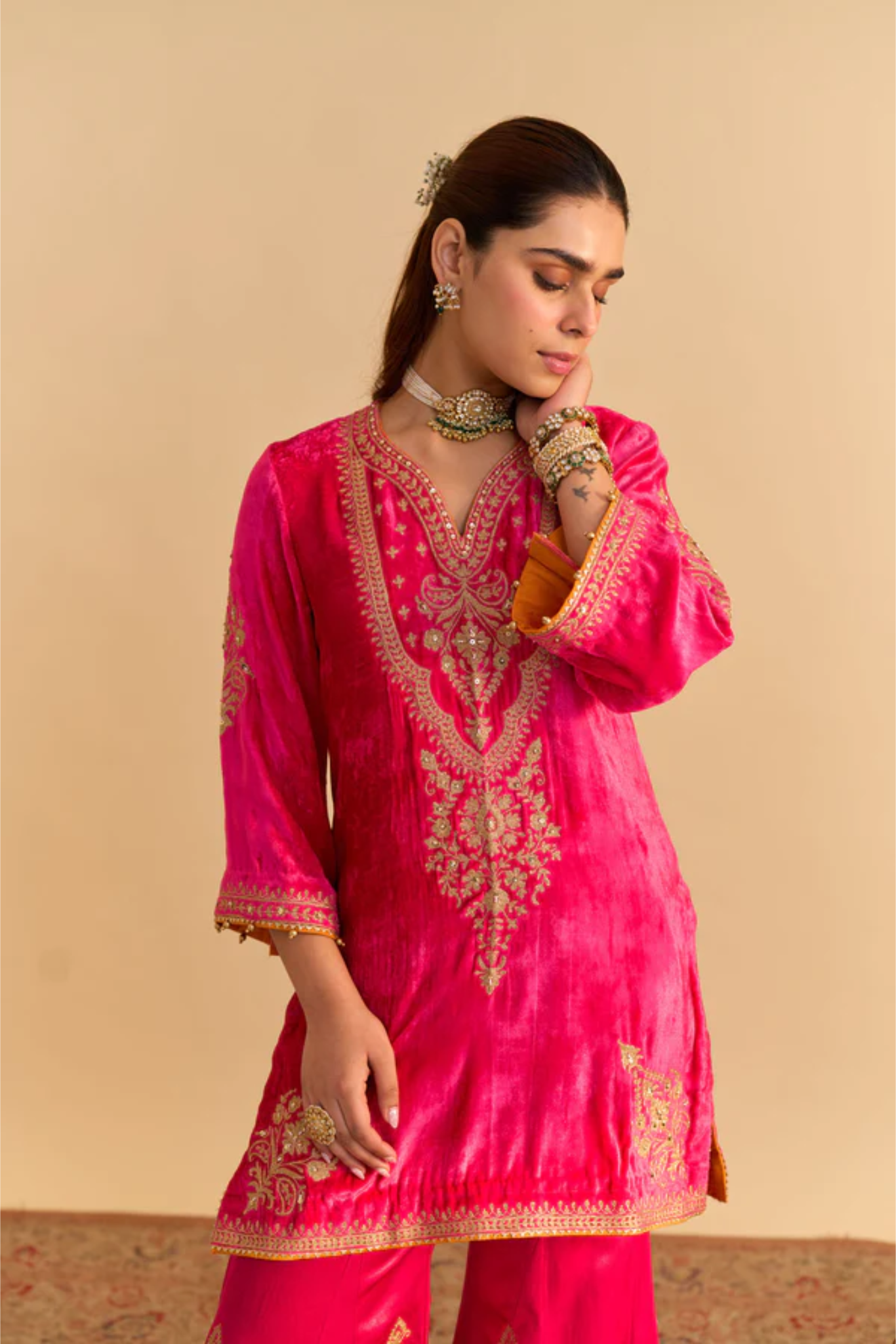 Nooren - Silk Velvet Hotpink Kurta With Flared Palazzo And Dupatta