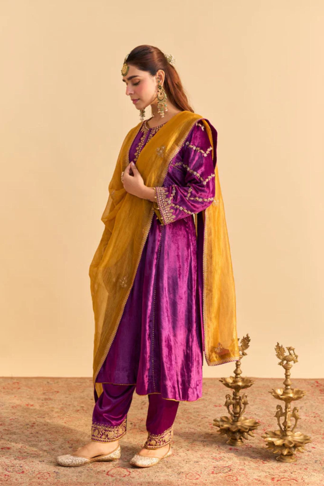 Azmiya - Silk Velvet Deep Purple Chauga With Salwar