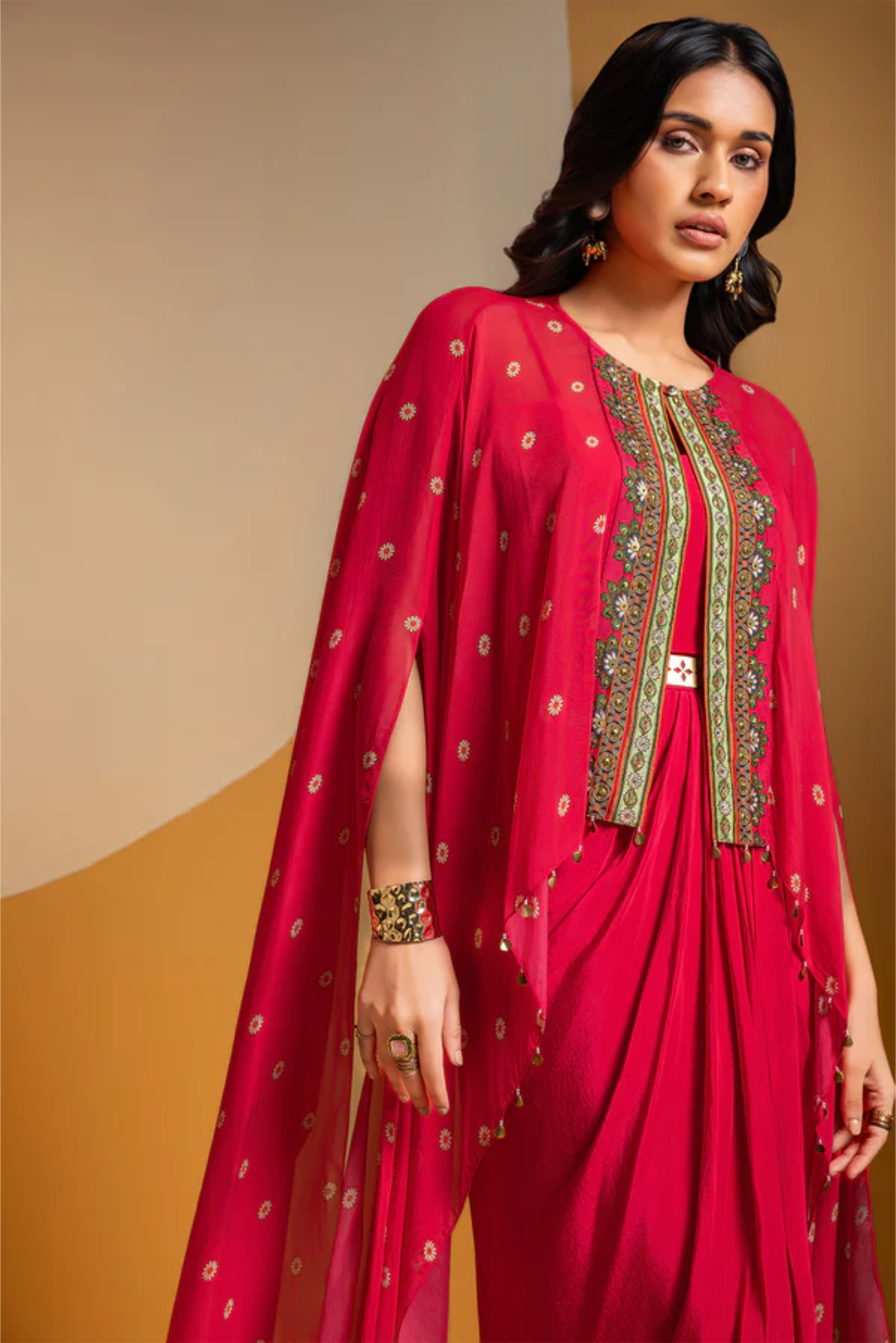 Taarani drape dress with embroidered cape