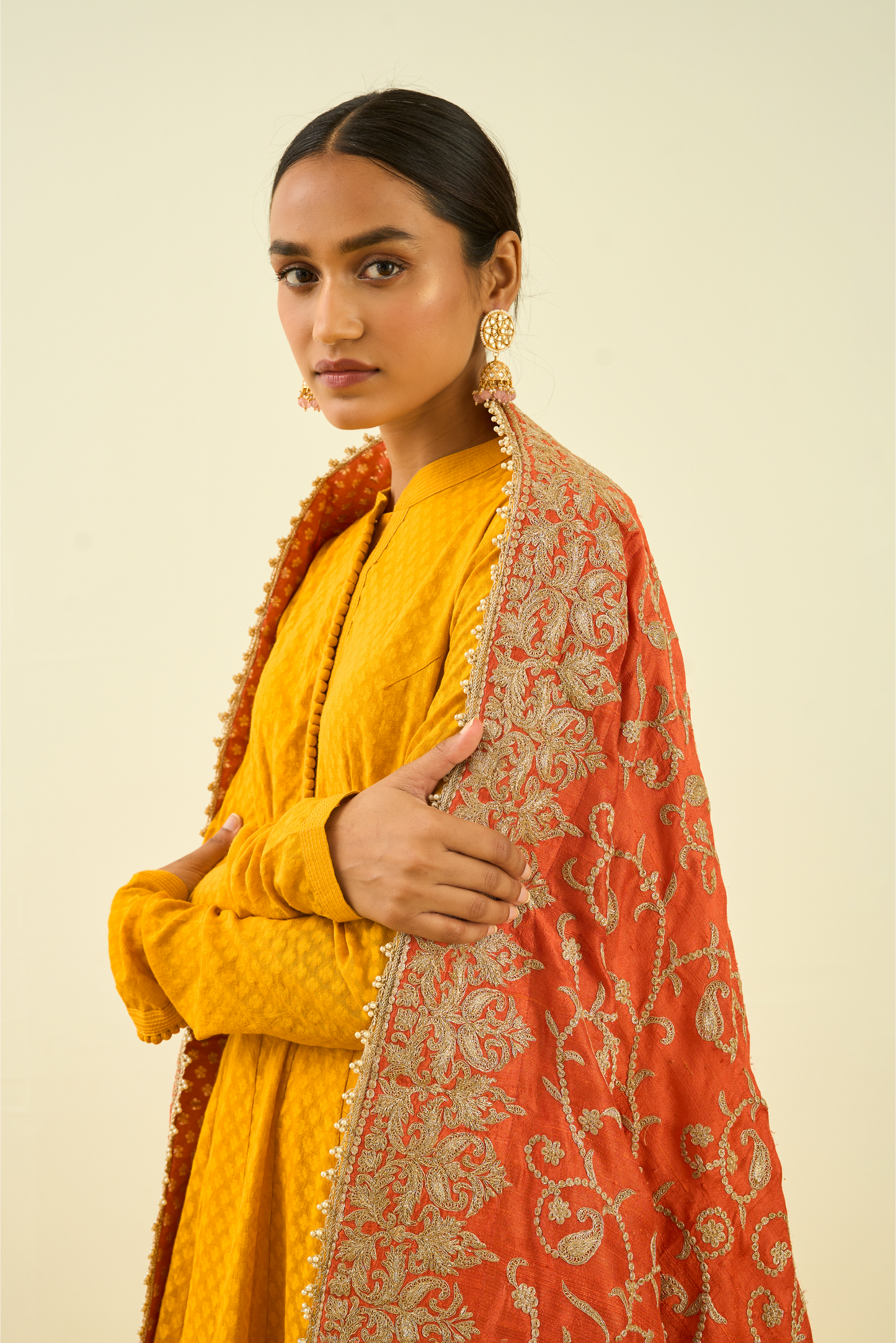 Pumpkin Orange Paisley Tilla Embroidery Odhni