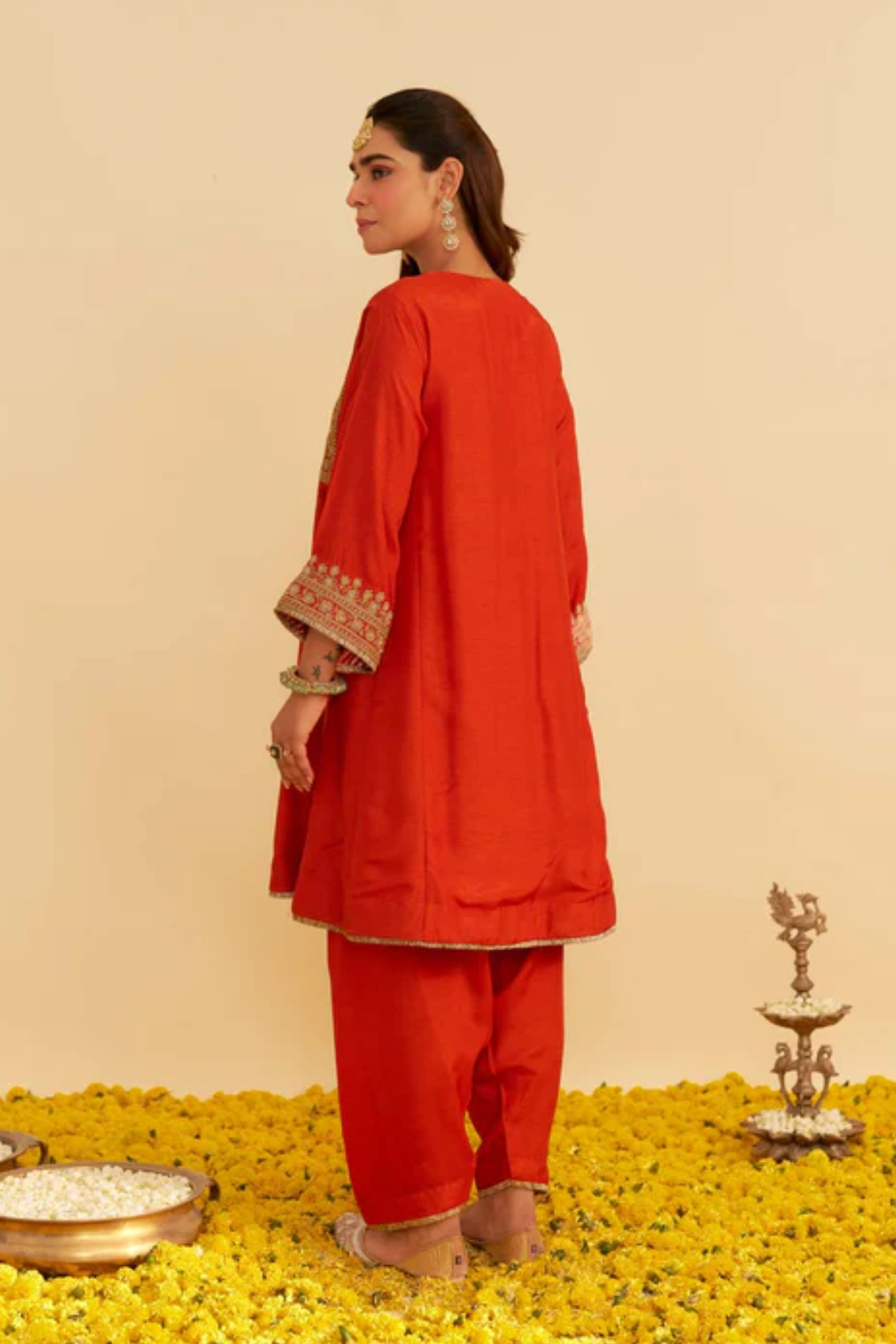 Mehza - Burnt Orange Short Chauga With Salwar and Dupatta