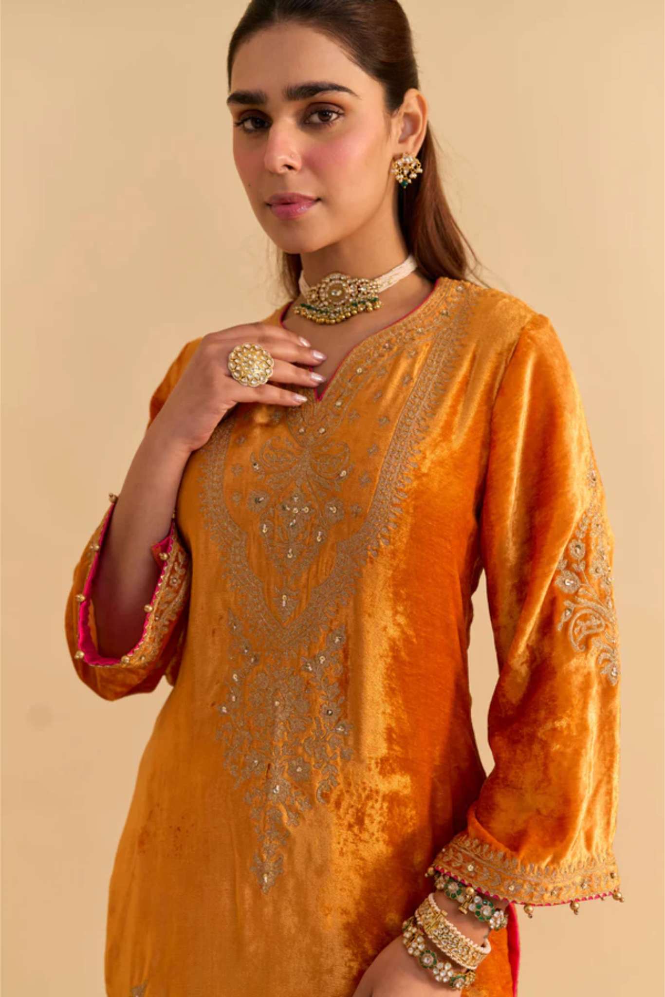 Nooren - Silk Velvet Orange Kurta With Flared Palazzo And Dupatta
