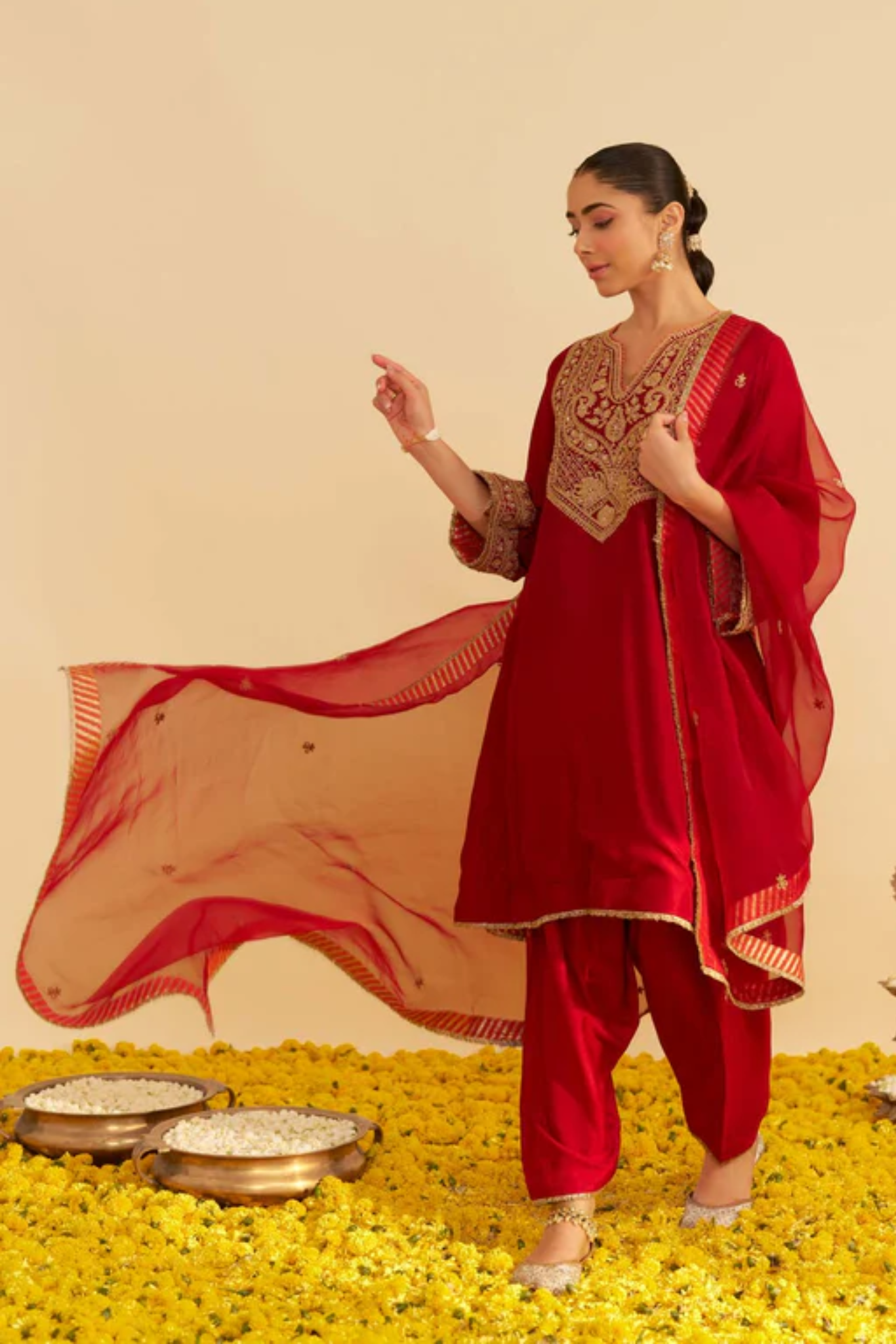 Mehza - Deep Red Short Chauga With Salwar