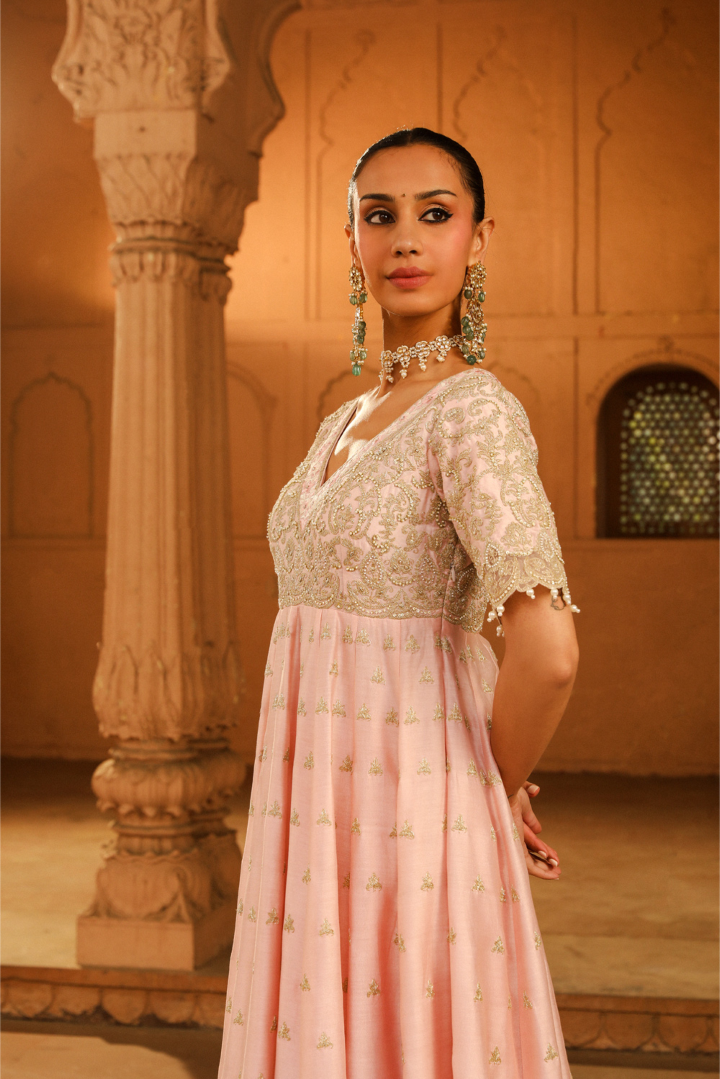 Wasifa Long Anarkali with chooridaar and dupatta - Blush Pink