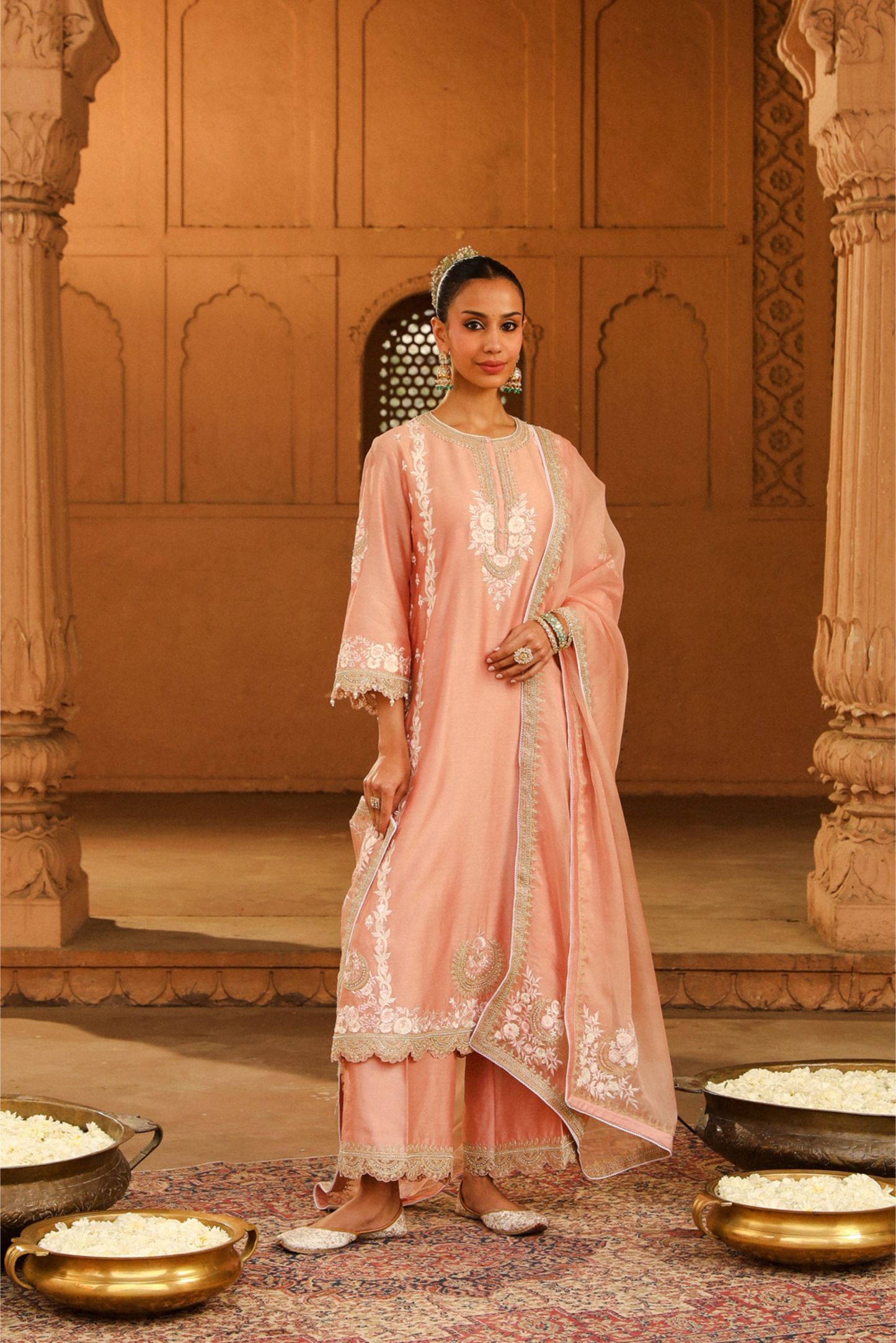 Yasna A-line palazzo suit with dupatta - Off Rose