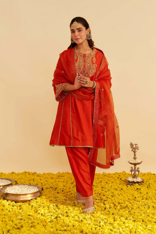 Ayra - Burnt Orange Short Chauga With Salwar and Dupatta