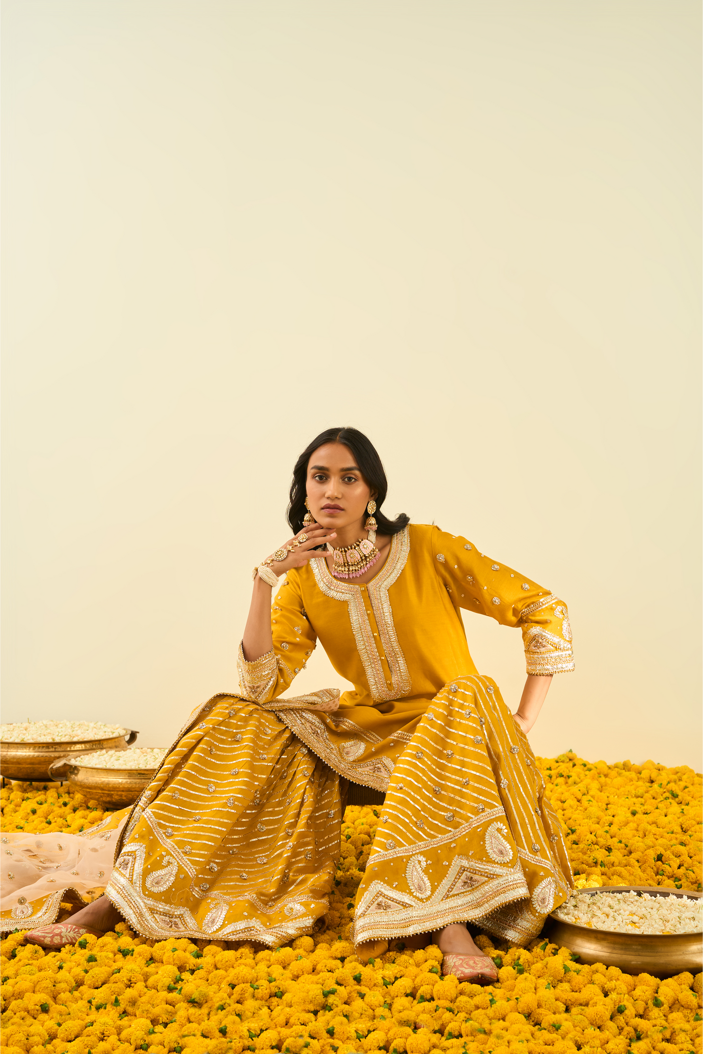 Shafna Kurta with Garara and Dupatta - Glaze Mustard