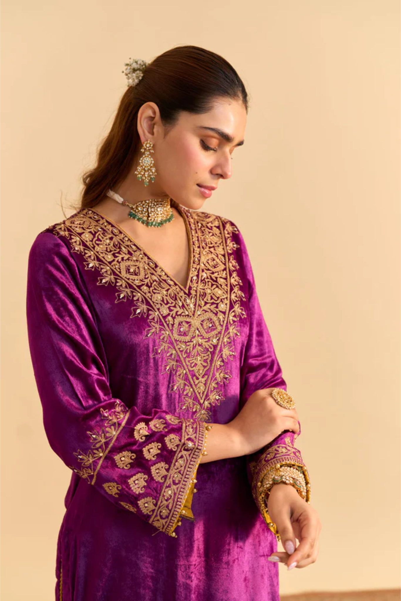 Aynaz - Silk Velvet Deep Purple Kurta With Salwar