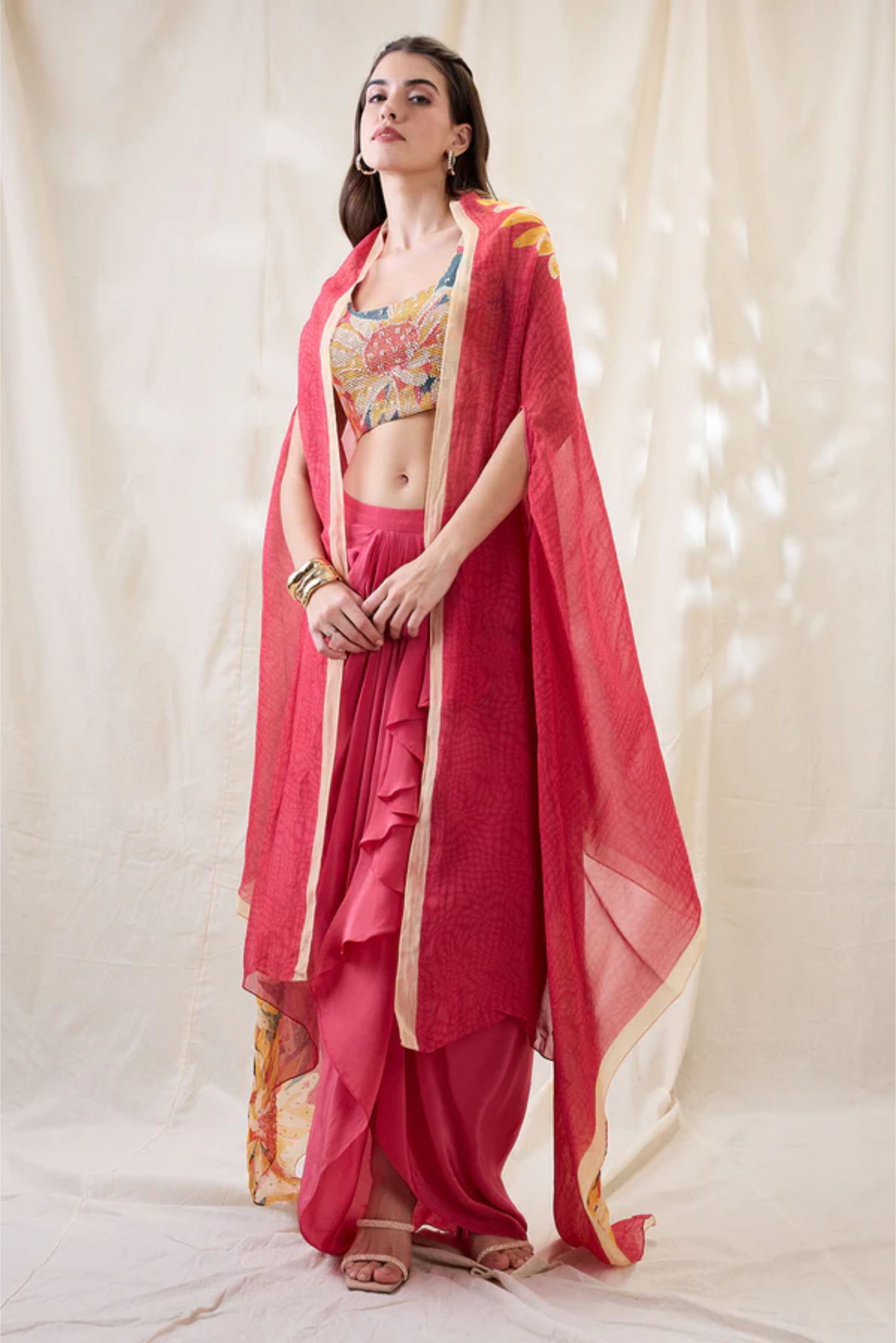 Ravya Drape Skirt Set with Embellished Cape