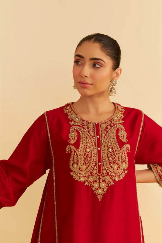 Ayra - Deep Red Short Chauga With Salwar and Dupatta