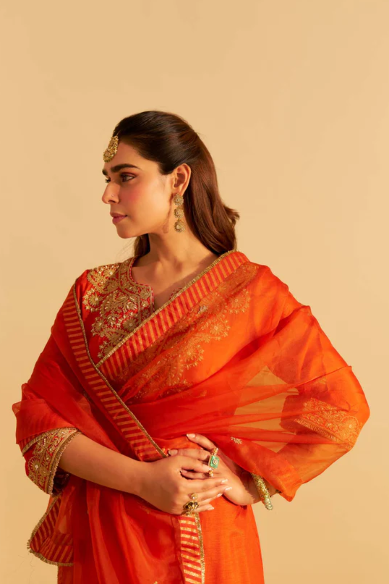 Hiba - Burnt Orange Long Kaftan With Salwar And Dupatta