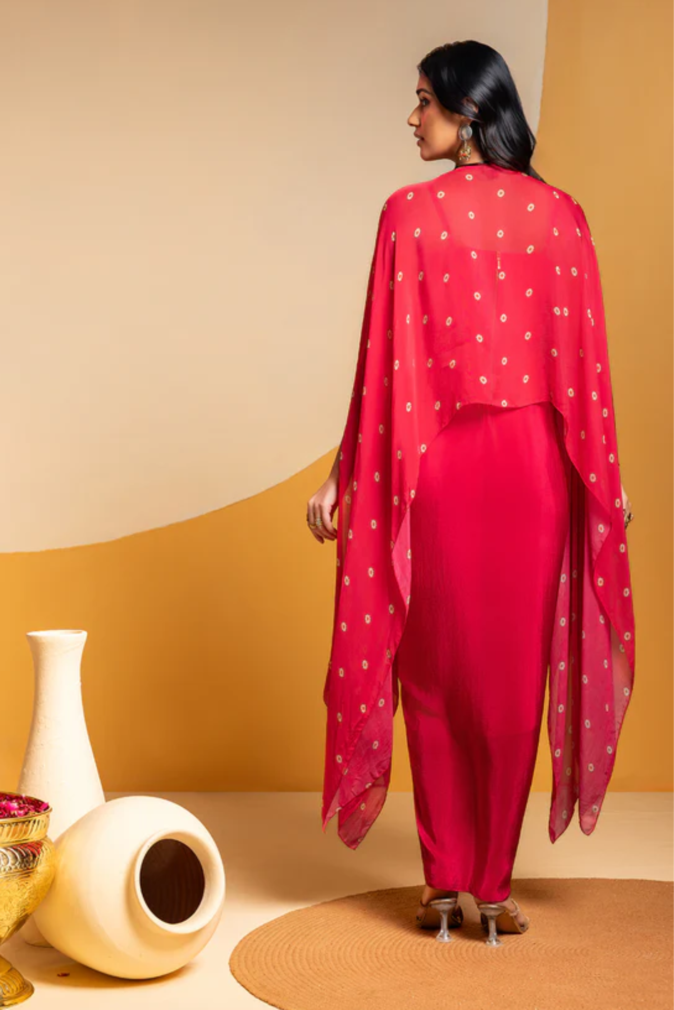 Taarani drape dress with embroidered cape