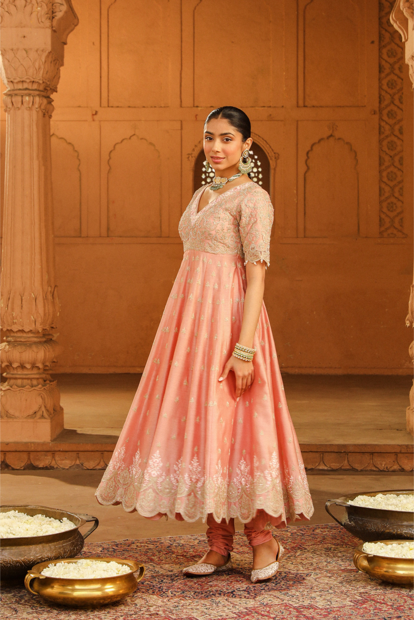 Wasifa Long Anarkali with chooridaar and dupatta - Off Rose