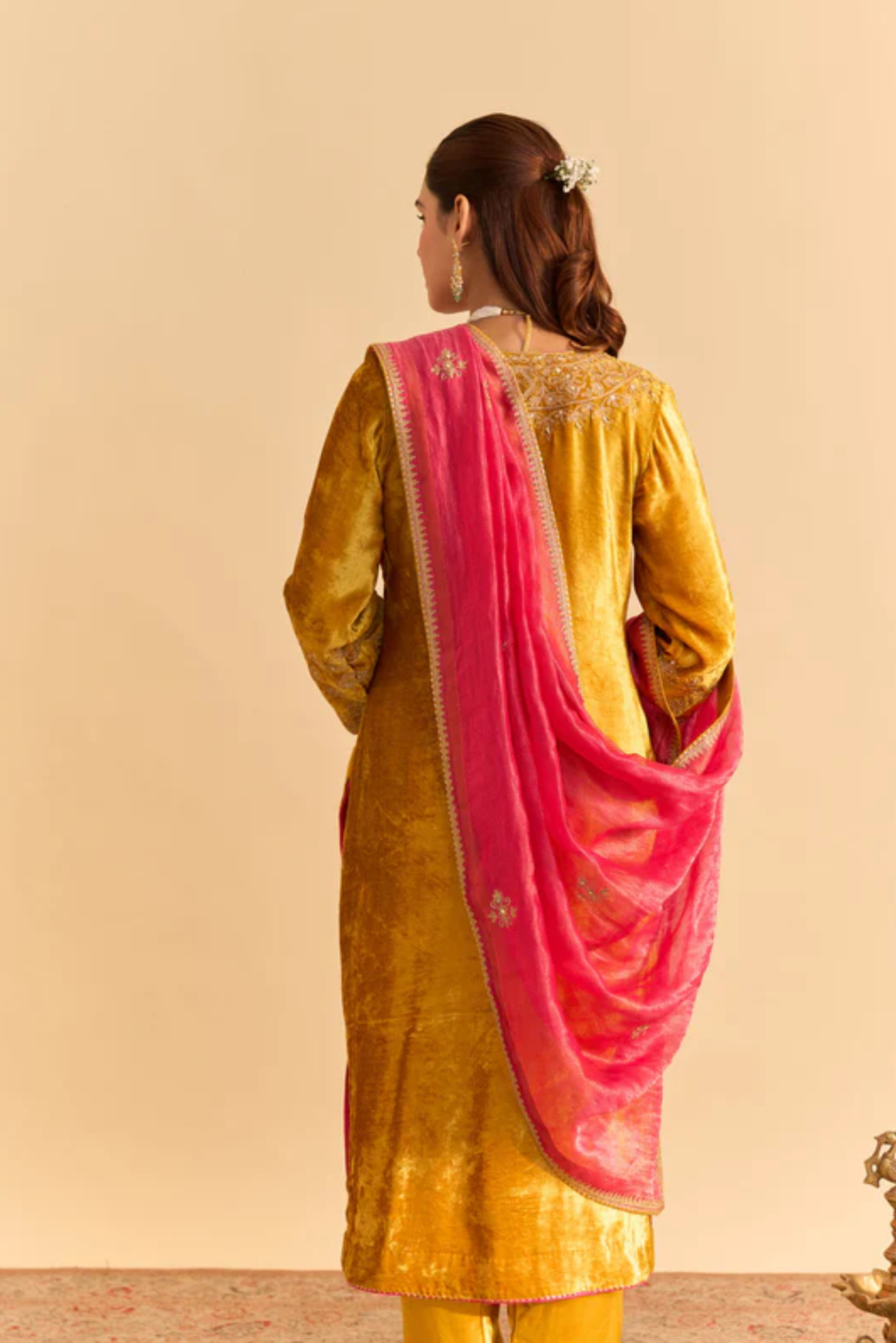 Aynaz - Silk Velvet Mustard Kurta With Salwar