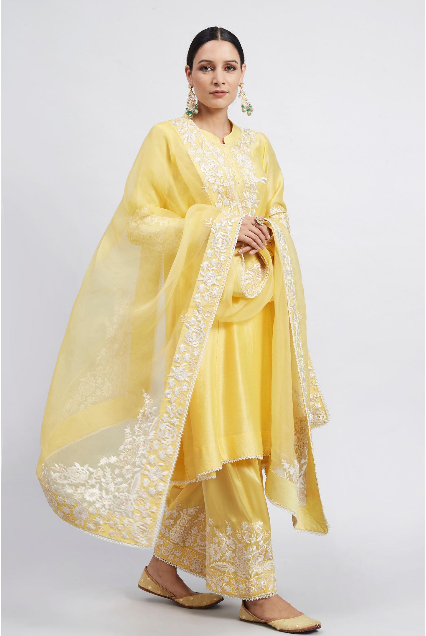 Kaina Pure Chanderi Silk Parsi Gara Embroidered Ensemble - Daffodil Yellow