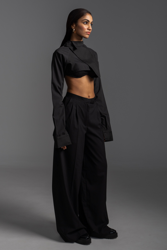 Belted Flare Trousers - Black