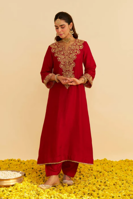Hiba - Deep Red Long Kaftan With Salwar And Dupatta