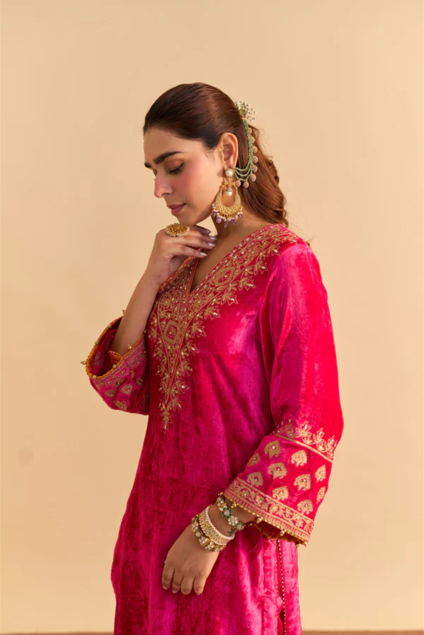 Aynaz - Silk Velvet Hotpink Kurta With Salwar