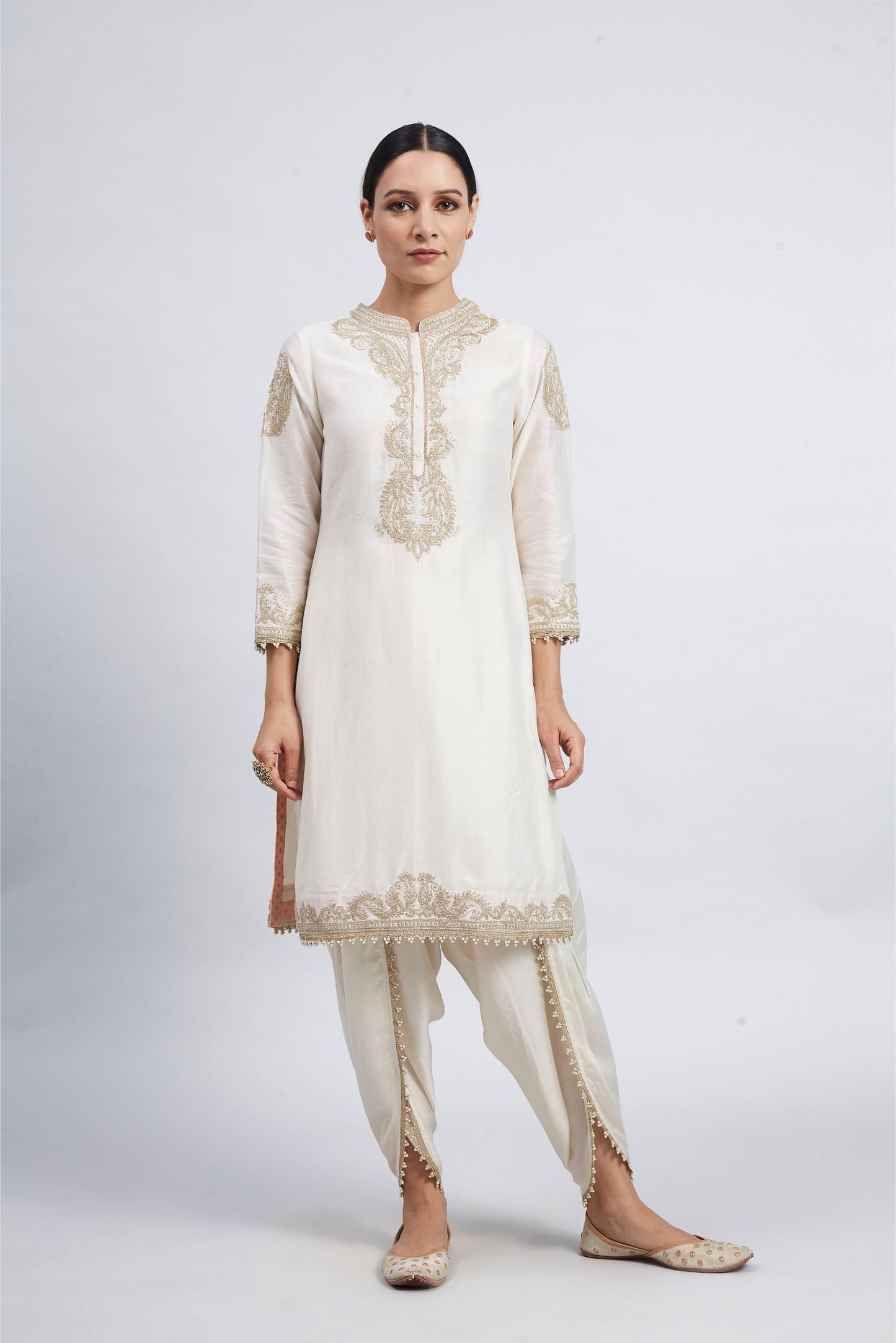 Aabisah Embroidered Kurta with Dhoti - Daisy Ivory