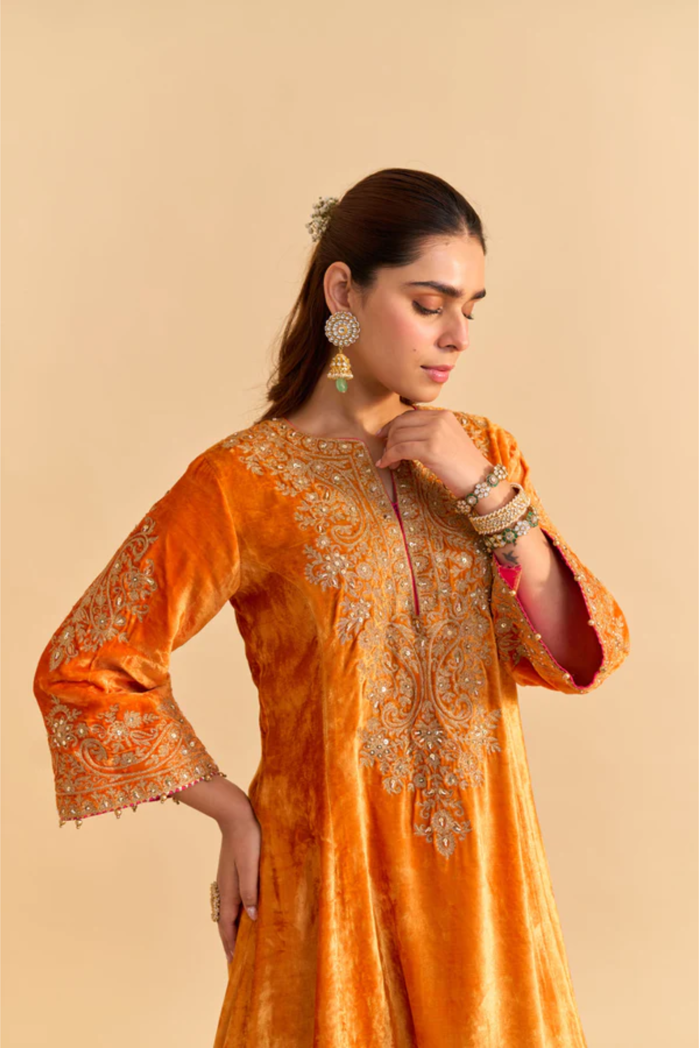 Eira - Silk Velvet Orange A-line Kurta With Dhoti