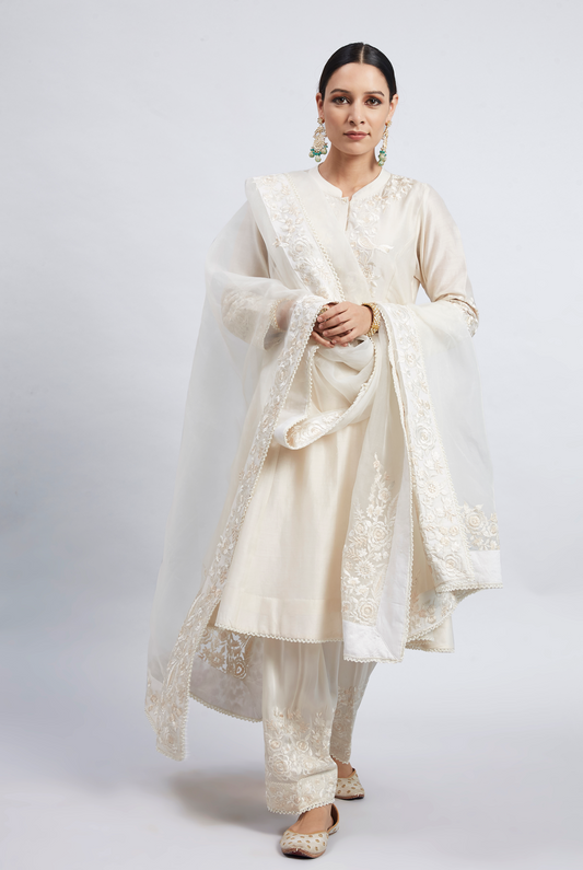 Kaina Pure Chanderi Silk Parsi Gara Embroidered Ensemble - Daisy Ivory