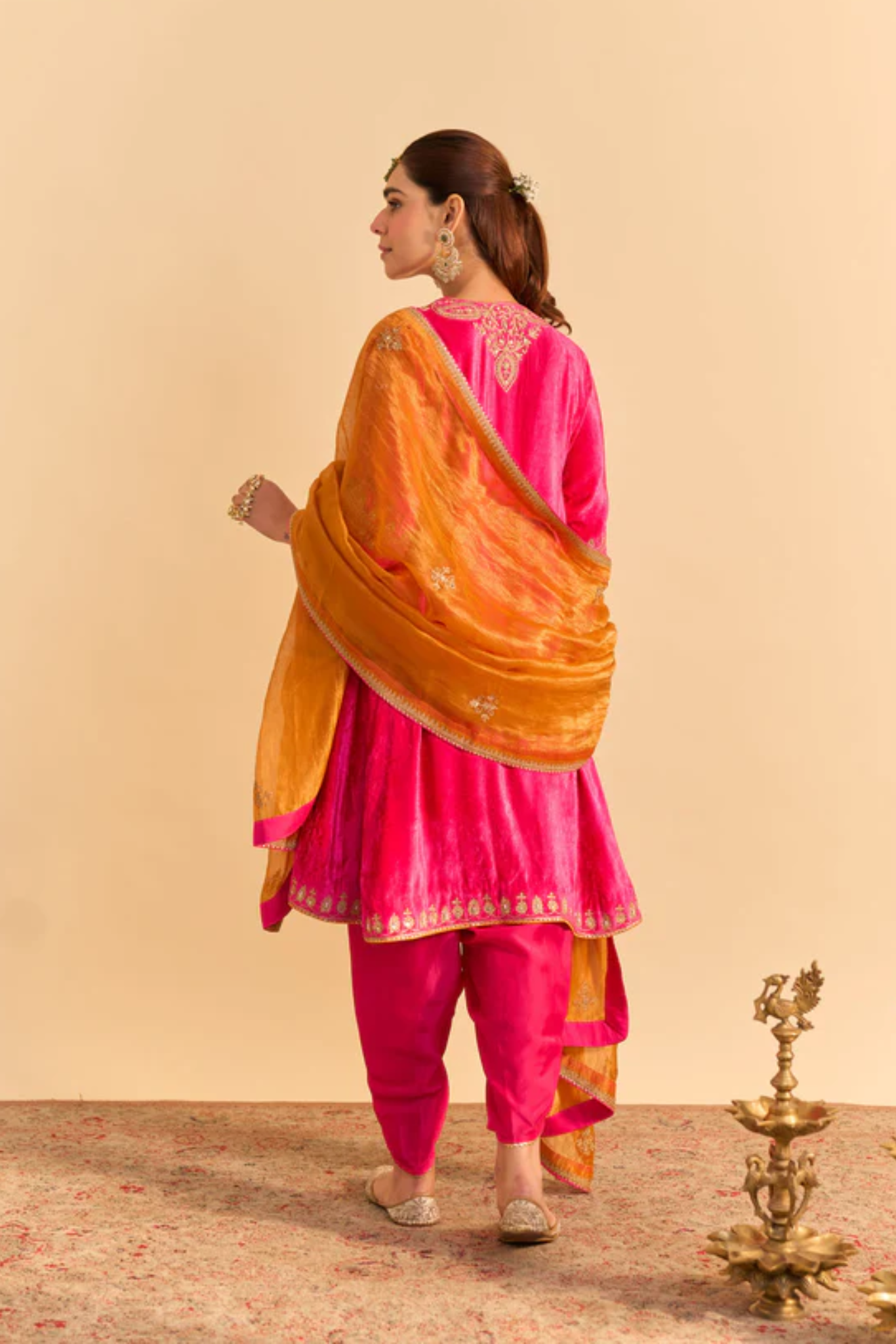 Amal - Silk Velvet Hotpink A-line Kurta with Dhoti