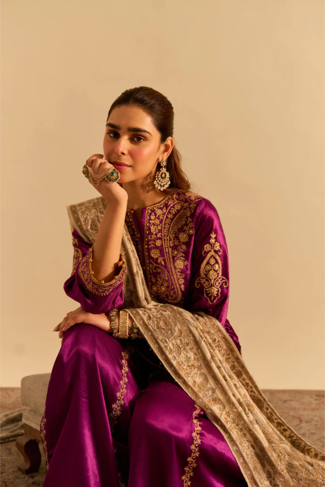 Aroob - Silk Velvet Deep Purple Kurta With Sharara And Dupatta
